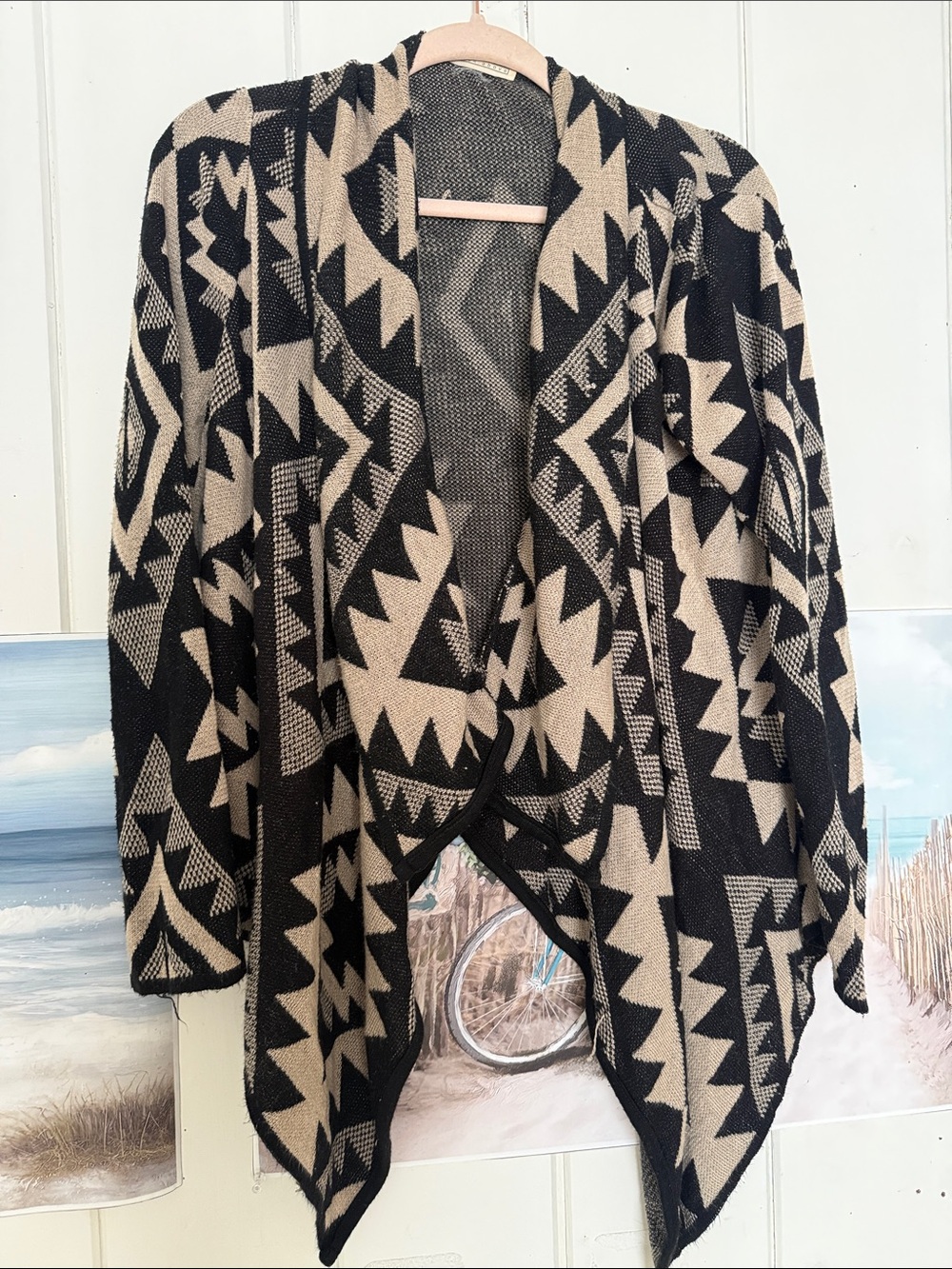 Black and Tan Geometric Open-Front Women's Sweater Cardigan